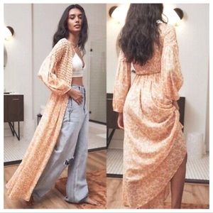 Free People Intimately Kadence Yellow Floral Long Balloon Sleeve Maxi Robe